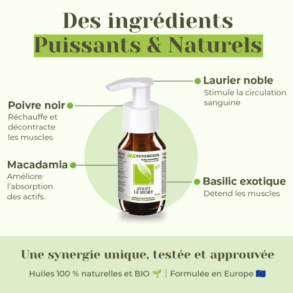 Huile essentielle avant le sport avec actifs naturels : poivre noir, basilic, macadamia, laurier