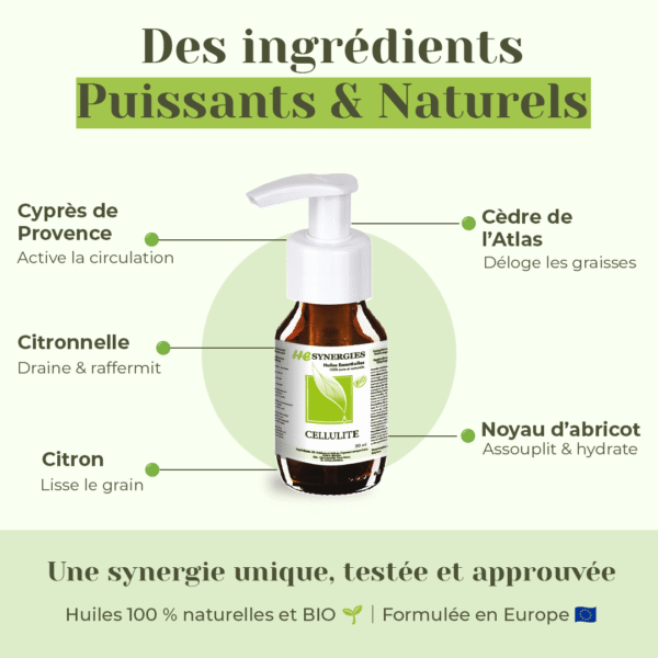 Huile essentielle contre la cellulite HE Synergies – ingrédients naturels : citronnelle, cyprès, noyau d’abricot, cèdre de l’Atlas
