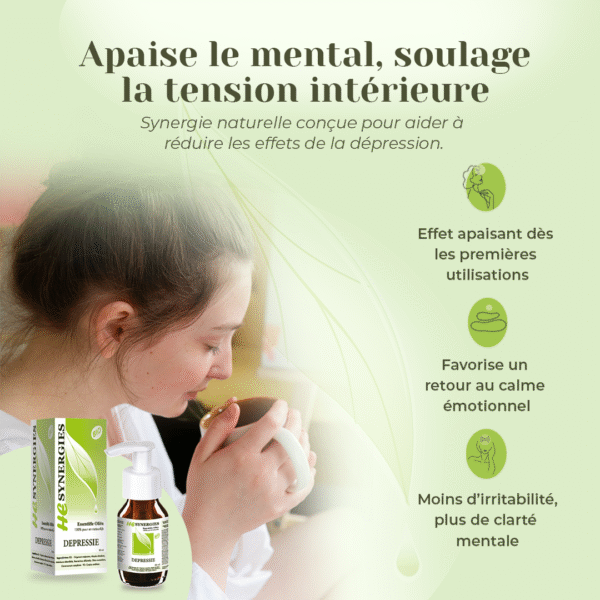 Femme apaisée par l’effet de l’huile essentielle contre la dépression HE Synergies