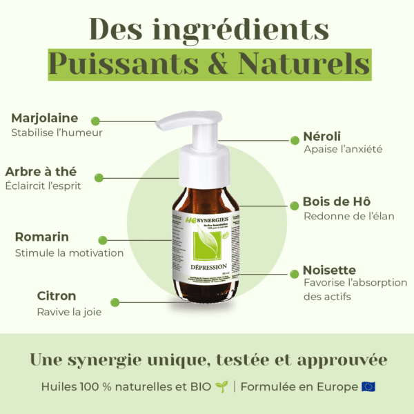 Huile essentielle contre la dépression HE Synergies – ingrédients naturels : marjolaine, néroli, bois de Hô, citron, romarin