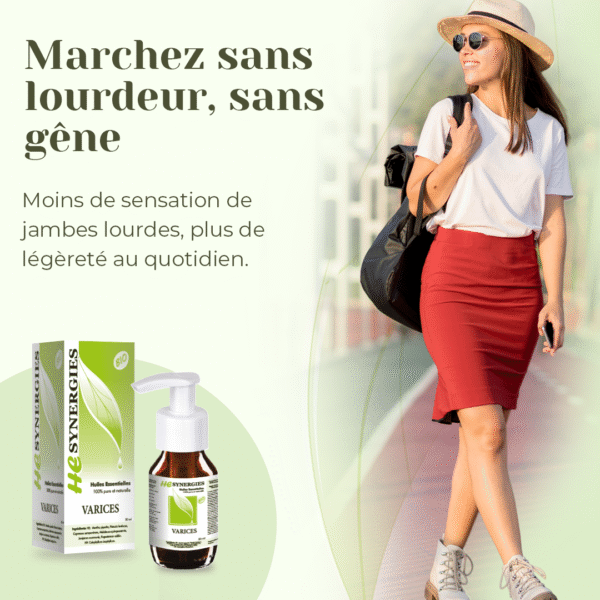 Femme active ressentant les bienfaits de l’huile essentielle contre les varices – jambes légères au quotidien